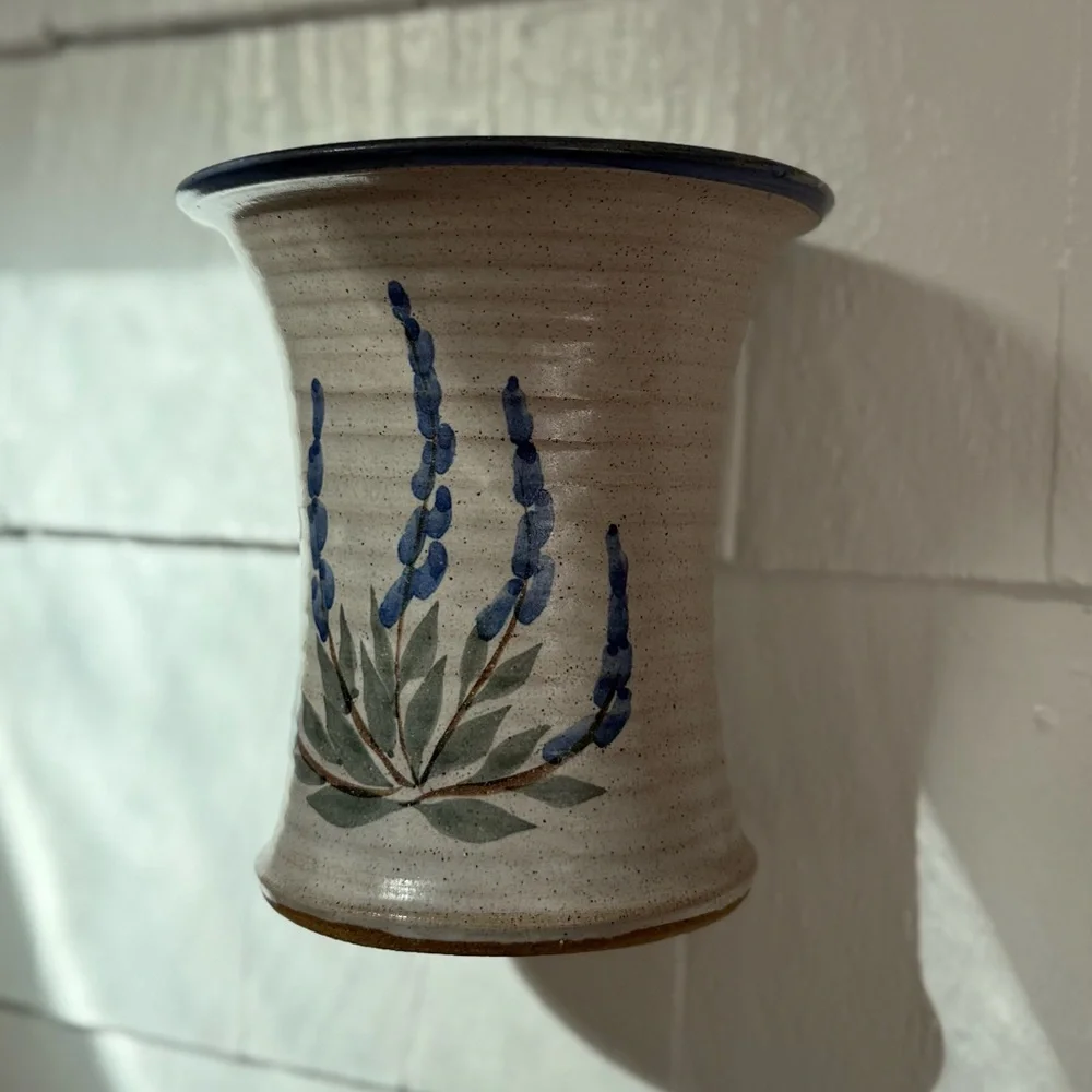Handcrafted Vintage Ceramic Wall Vase with Blue Floral Design Studio pottery